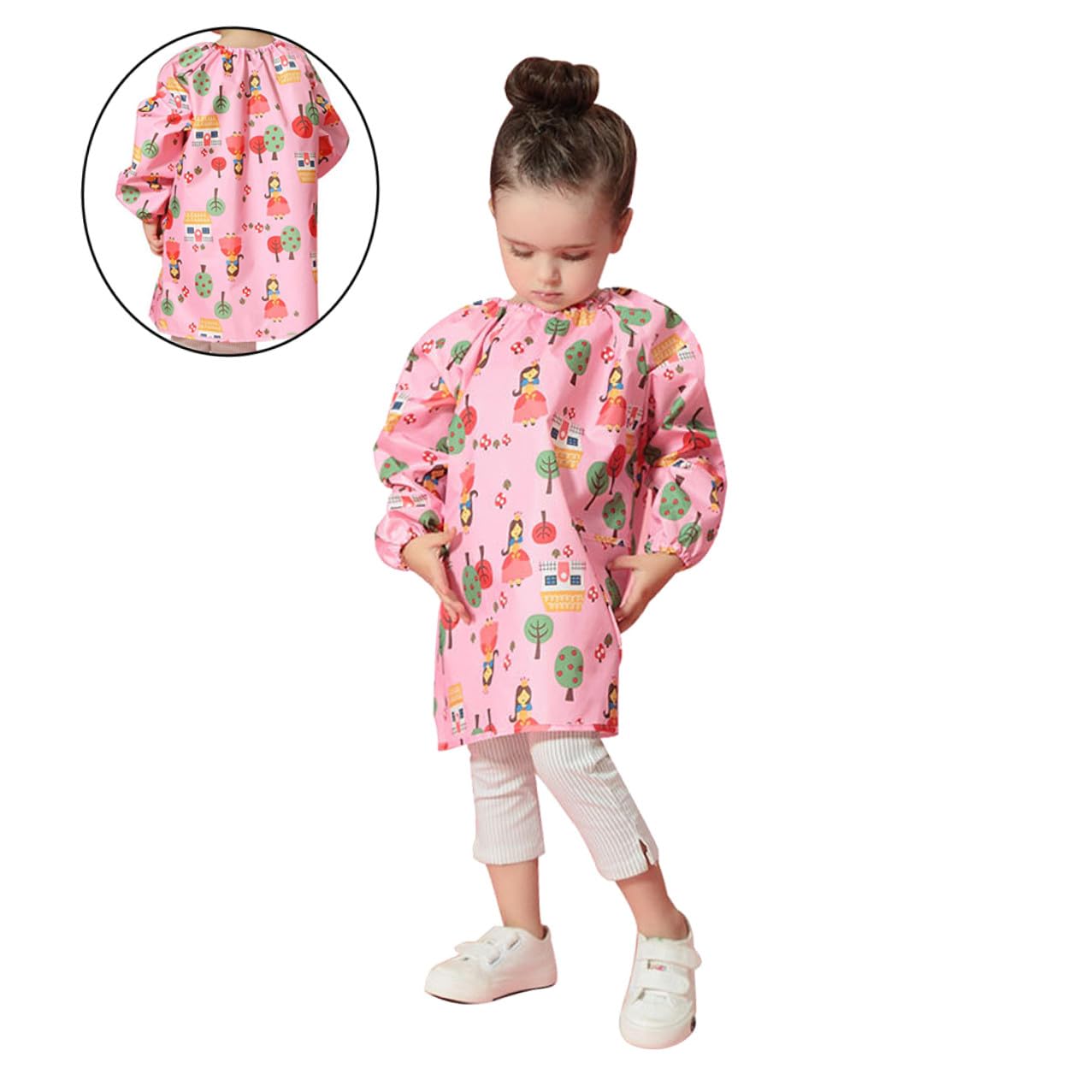 ERINGOGO Grembiule per Bambini in Poliestere Rosa Maniche Lunghe, Facile da Pulire e Riutilizzabile, per Pittura e Attività Artistiche, Taglia S