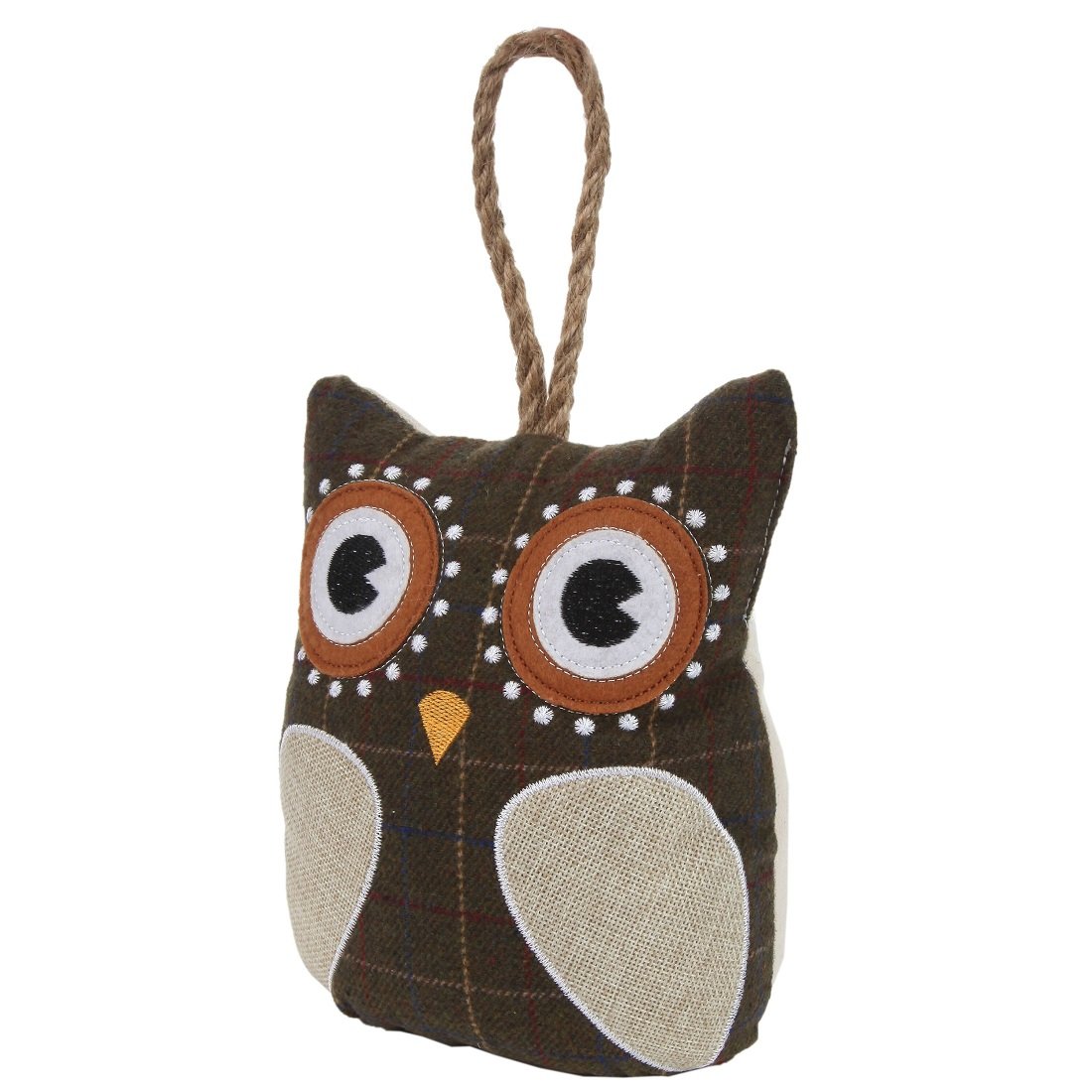 Lily's Home Cute Decorative Owl Weighted Interior Door Stopper, Compact with Patchwork Fabric Design and Hanging Loop Attached, Brown