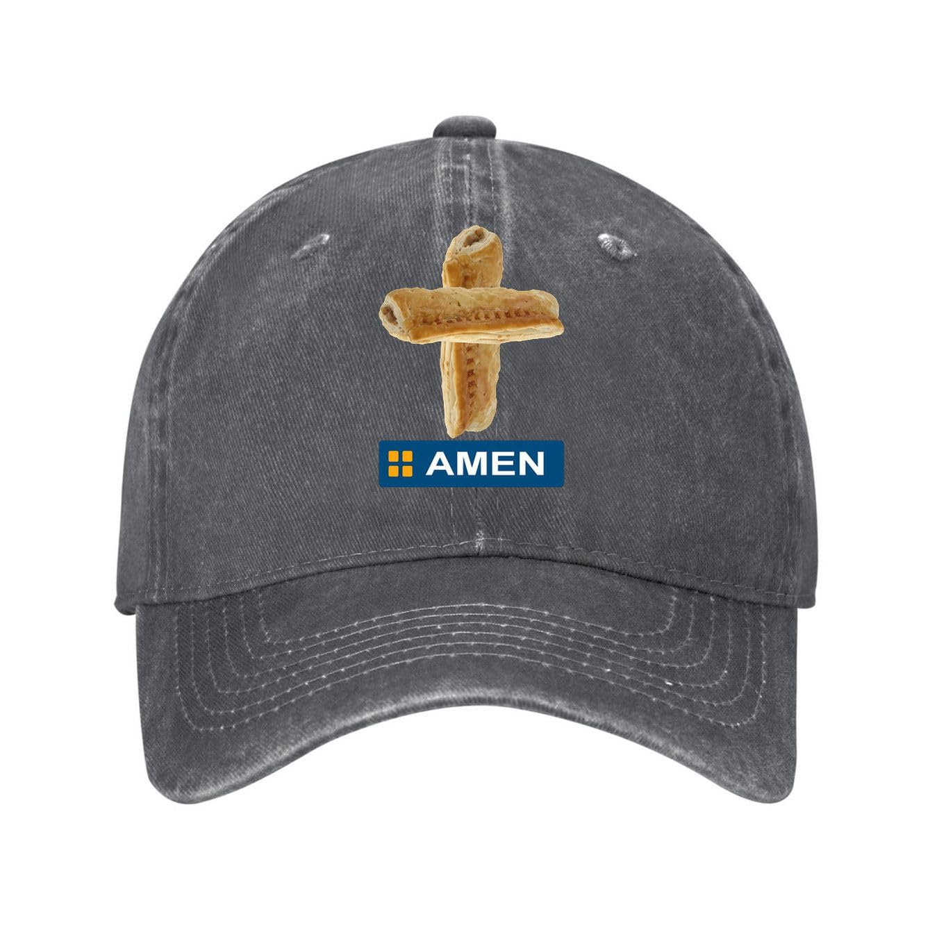 Kciutud Greggs Merchandise Sausage Roll Cross Amen Meme Charcoal Washed Denim Baseball Cap Adjustable Vintage Distressed Dad Hat Men Women Size is: One Size