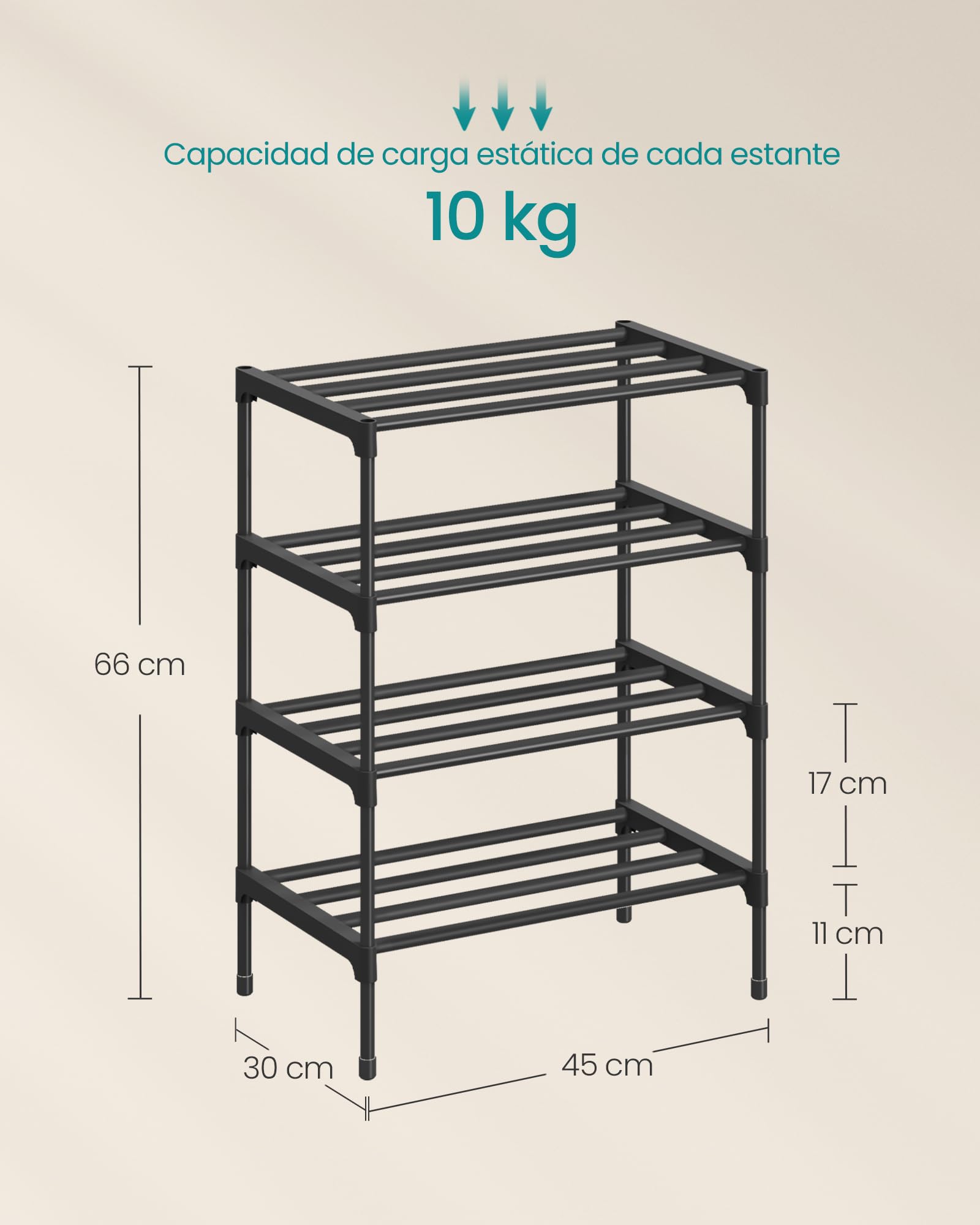 SONGMICS Zapatero, 4 Niveles, Zapatero Estrecho para Entrada, Organizador de Zapatos, Metal, Armario para Salón, Apilable, 30 x 45 x 66 cm, Negro LSA114BH01 — view 3