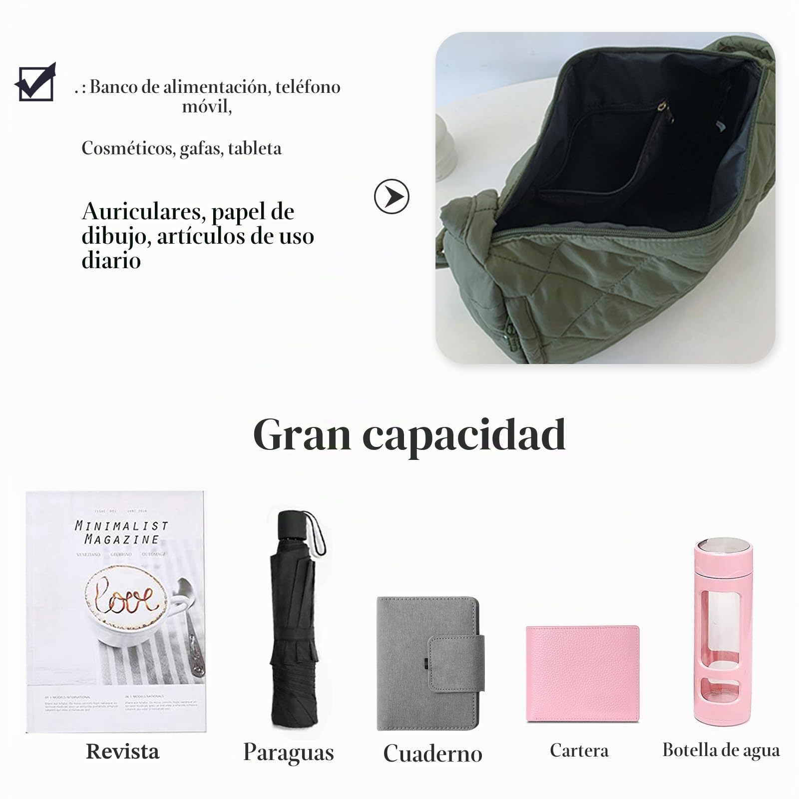 Bolso Acolchado para Mujer Nylon Bandolera Ligero Elegante Gran Capacidad Tote para Trabajo Viajes Compras Negro