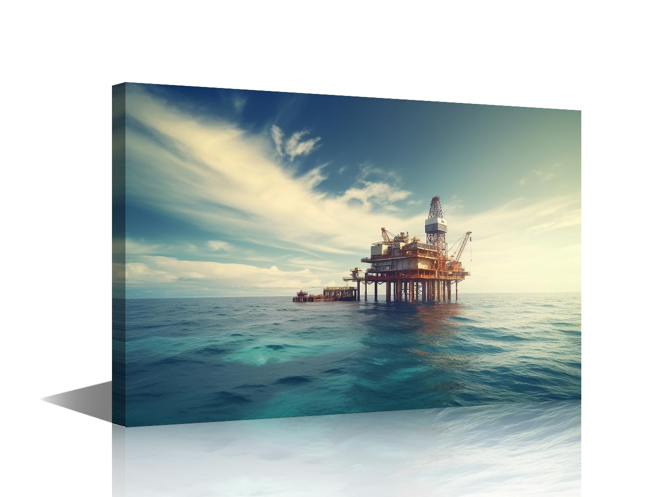 An Offshore Oil Platform And a Bright Day for Petroleum Gas Production Pictures Print on Canvas Wall Art Industrial Equipment Artwork for Home Wall Decoration Framed Ready to Hang 18x12 in