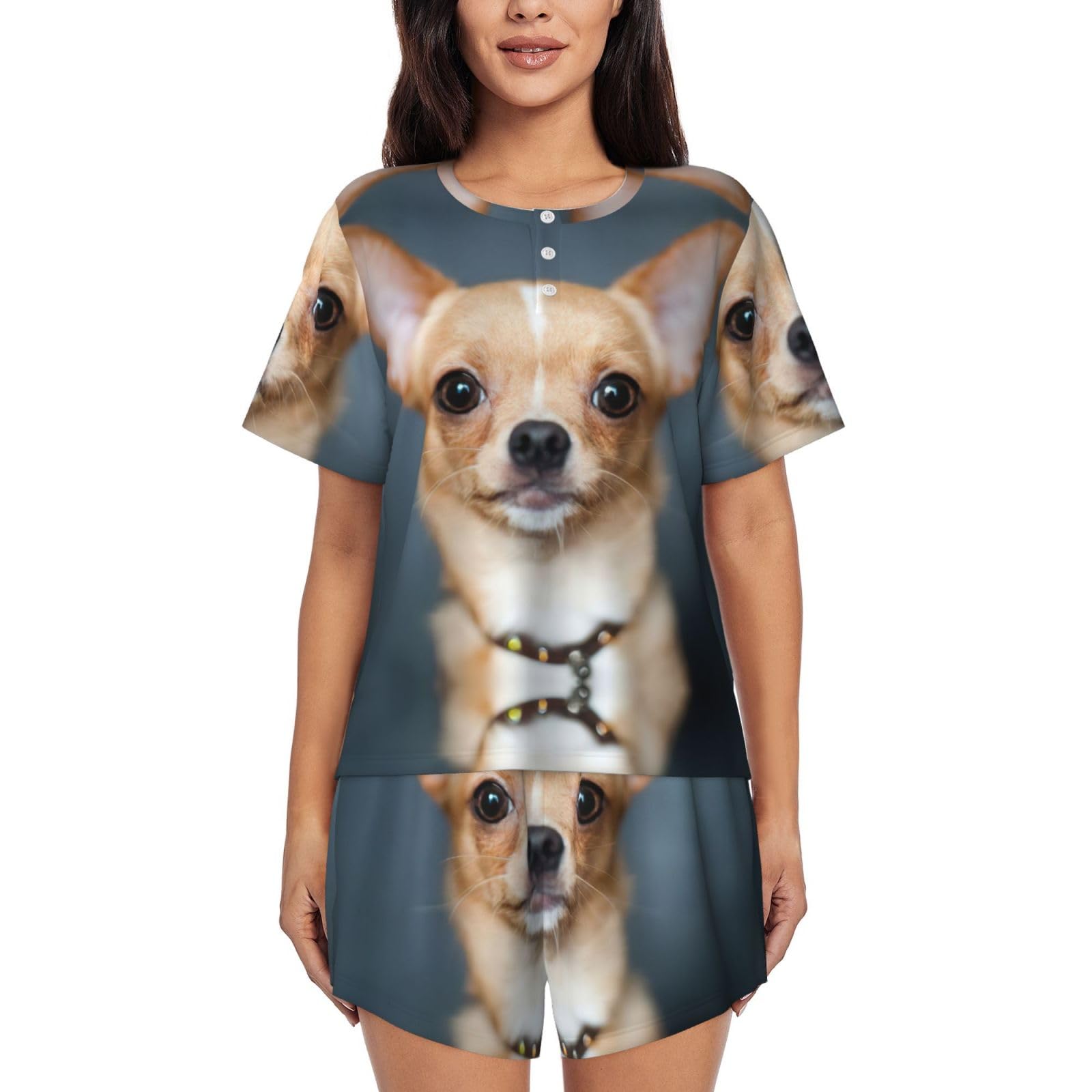 Jejea Women's Black Cute Chihuahua Print Short Sleeve Tee Sleepwear Short Sets Short Pajamas Sets Soft Pj Lounge Sets