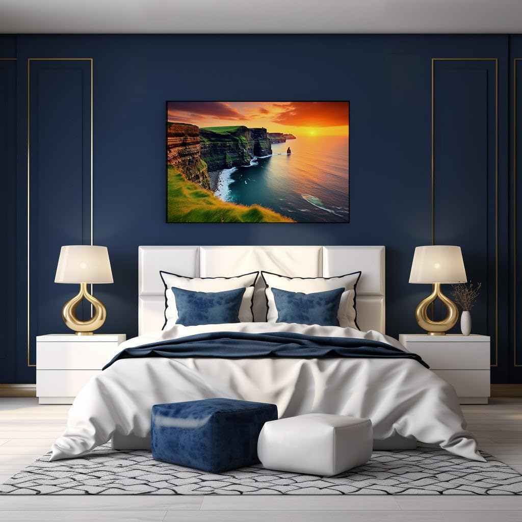 Canvas for Living room. Sunset Serenade at the Cliffs of Moher Ireland's Natural Grandeur Unveiled, 27 x 18 inch Canvas Wall Art - Surrealistic Visions - Modern Home Decor
