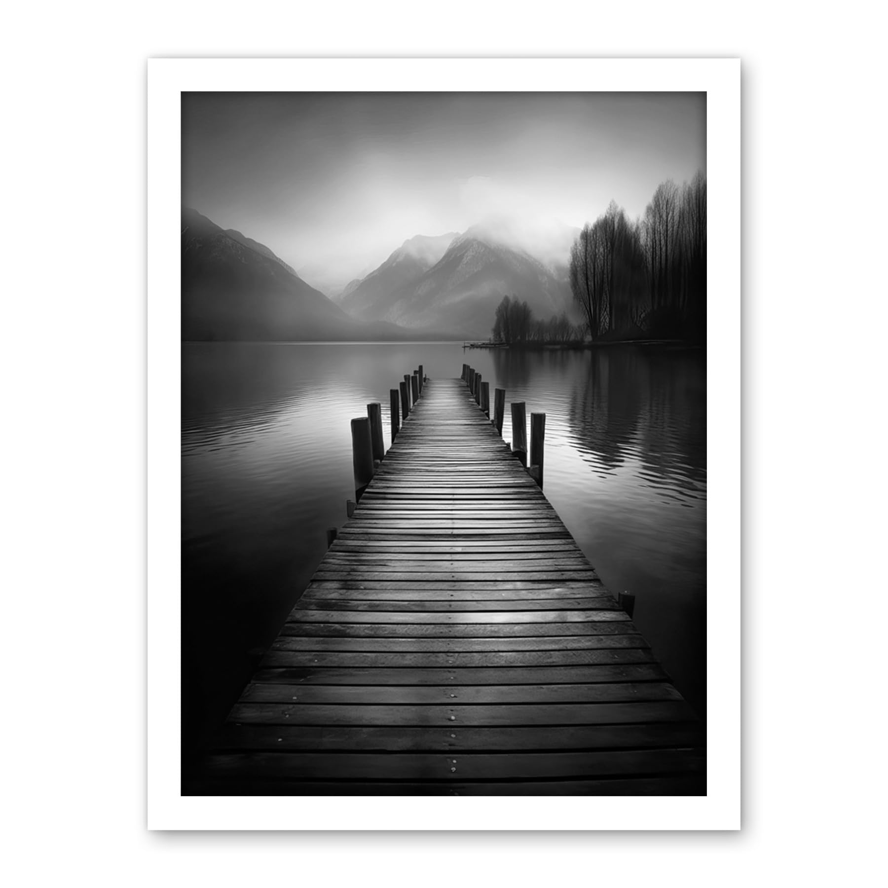 Artery8 Lake Pier Mountain Landscape Black and White Photo Artwork Framed Wall Art Print 18X24 Inch
