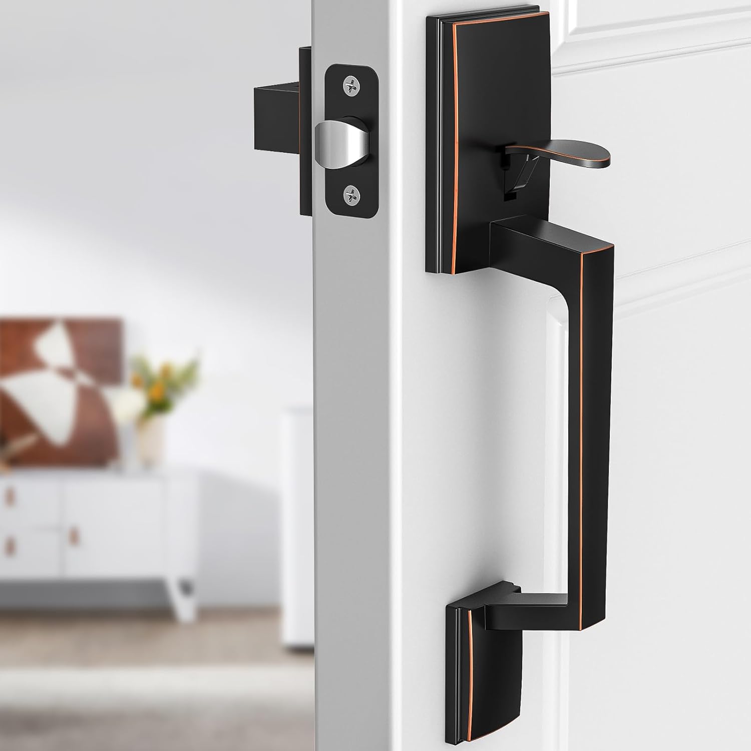 Brightify Front Door Handle with Modern Lever, Oil Rubbed Bronze Exterior Entry Door Handle No Lock, Reversible for Left & Right Handed Door, Lower Half Grip