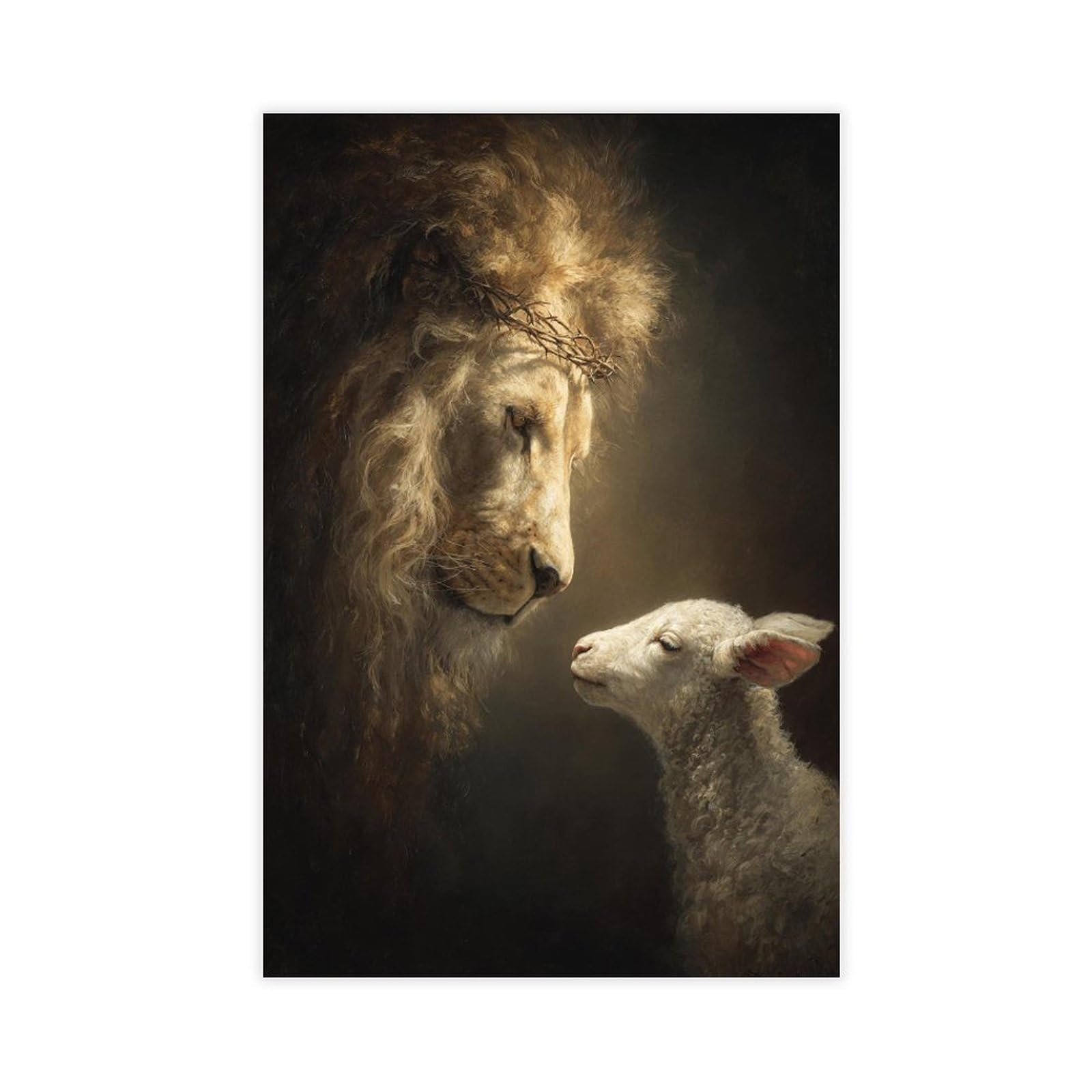 Qnvjqkdsi Unframe Majestic Lion With Crown Of Thorns And Innocent Lamb, Inspirational Animal Portrait Canvas Poster Bedroom Decor Landscape Office Room Decor Gift 24" L X 36" W