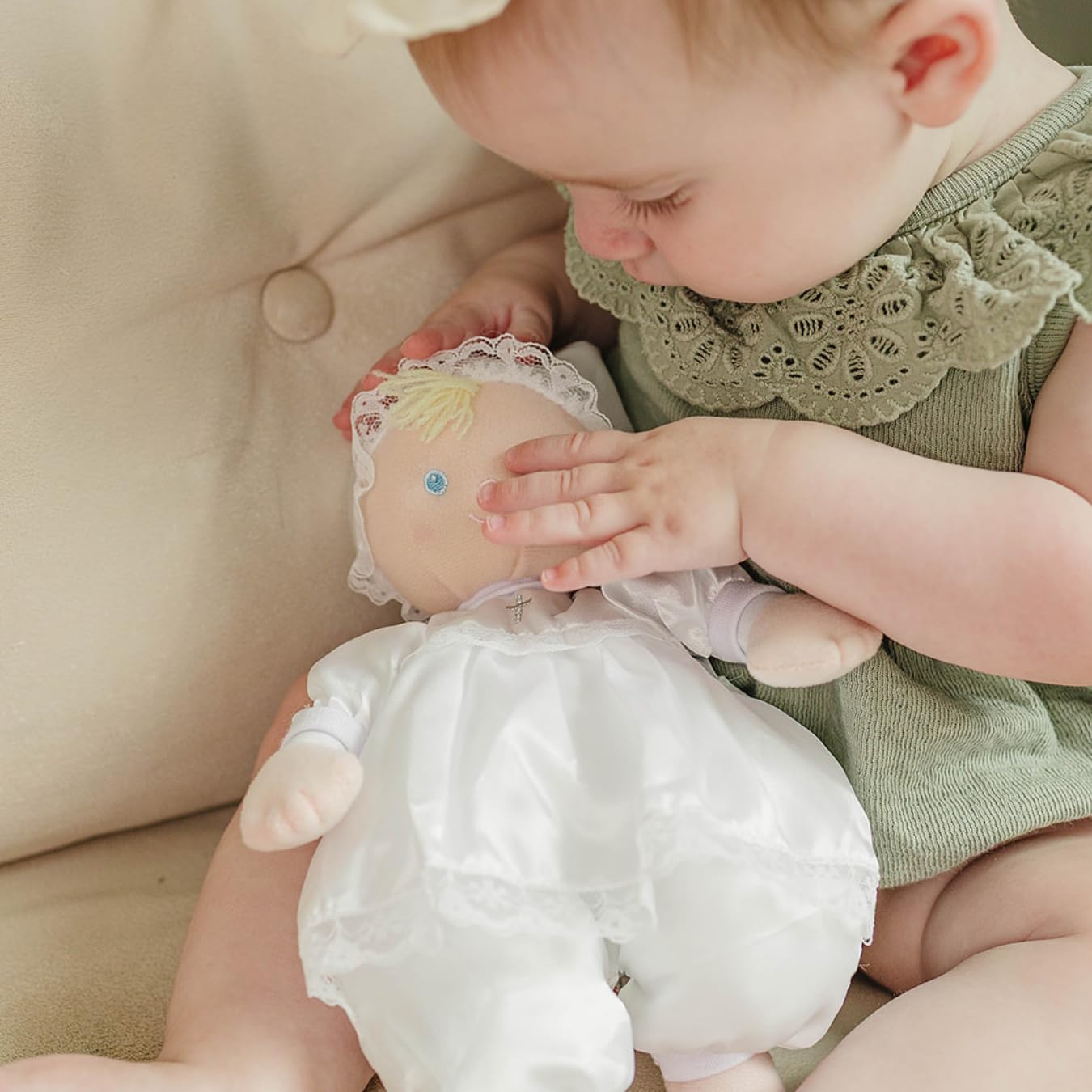 Genius Baby Toys Baptism Gift Baby Doll, Christening Doll in White Satin Dress, 12", Soft Plush, Gift-Ready Packaging, Catholic Baby Toy, Nontoxic, Baby Girls & Boys