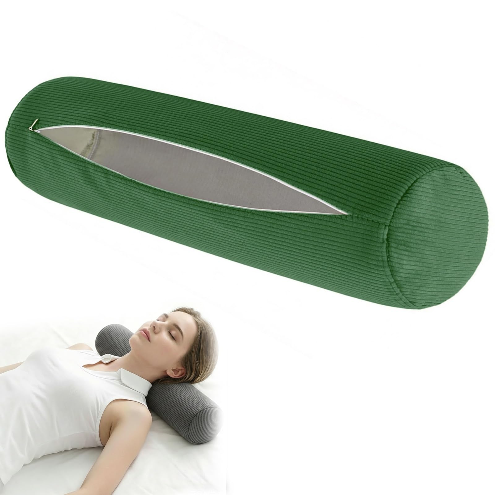 moismk Round Bolster Pillow Covers with Zipper, Striped Corduroy Breathable Washable Cylindrical Neck Pillow Cases for Home Decor, Cervical Neck Roll Pillowcase Only(Green,120x20cm)