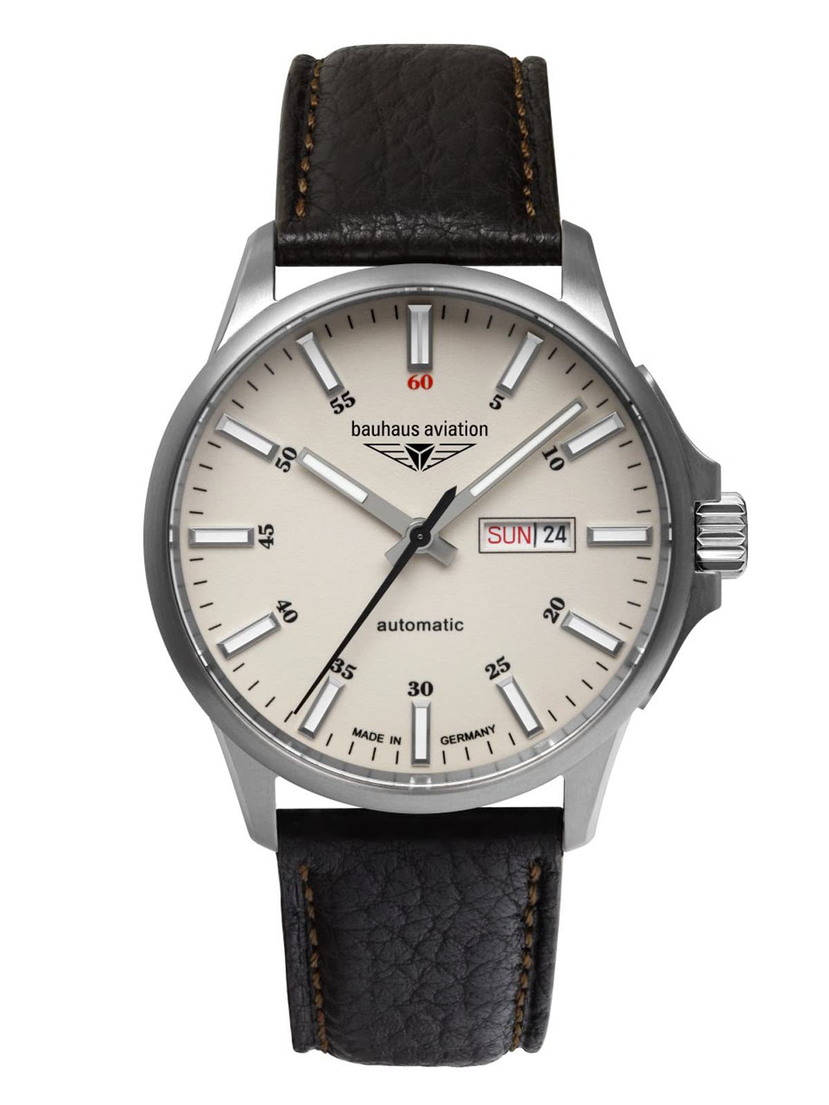 Bauhaus Aviation Herrenuhr mit Lederband Titan Automatik 10 ATM Saphirglas Tag Datum DayDate 2866-5