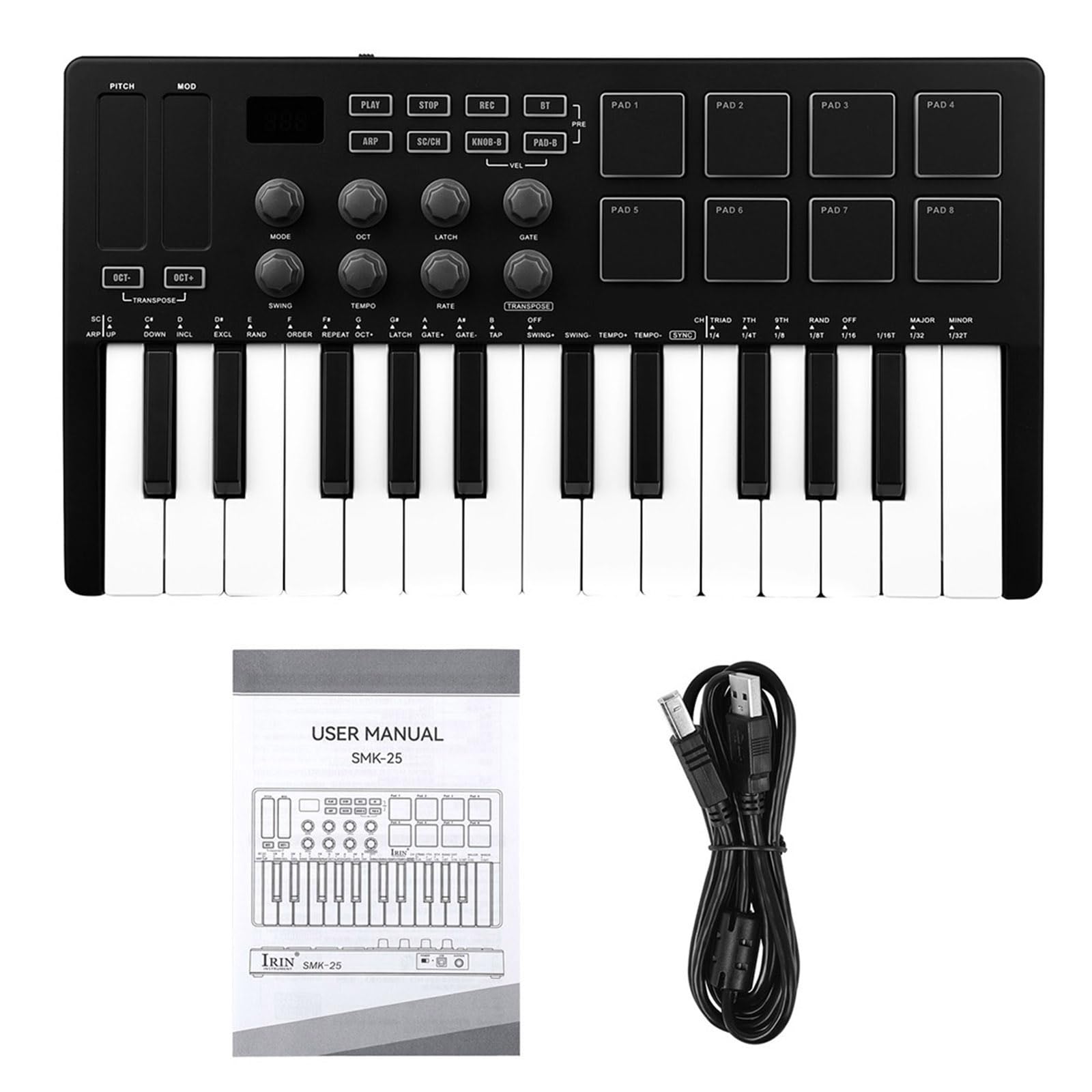 Teclado portátil de 25 teclas con teclas dinámicas y Plug and Play para estudio/viajes, producción de música, teclado USB