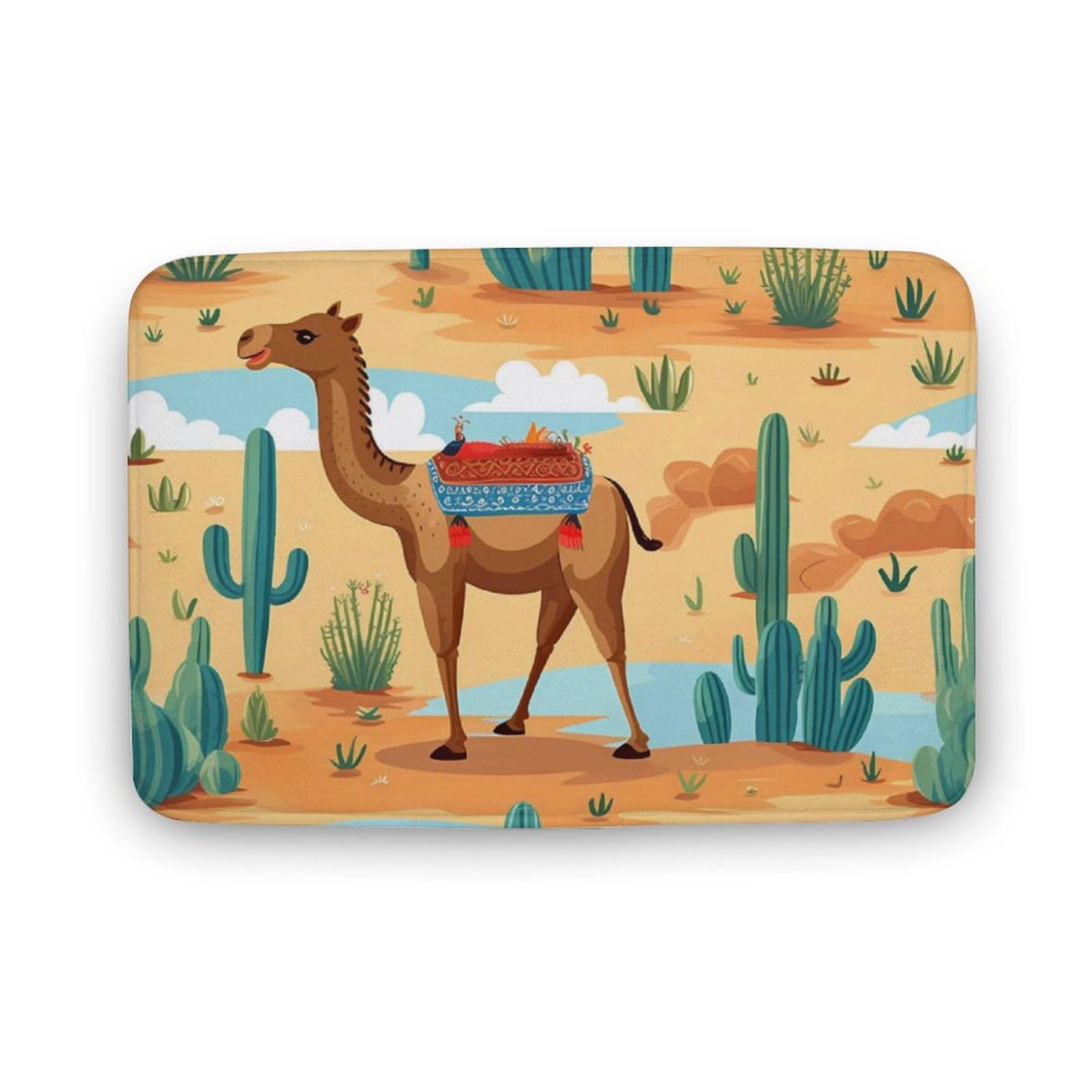 Cartoon Cactus and Camels Coral Velvet Rugs Non-Slip Bathroom Rugs Soft Kitchen Rug Floor Carpet for Home Decor 15.7