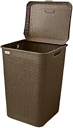 Cesto de Roupas Plástico com Tampa 70L Estilo Rattan para Lavanderia e Banheiro (camurça)