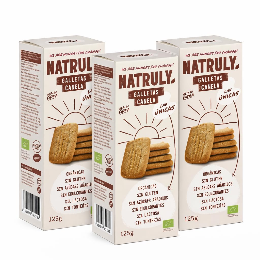 Pack 3 x Galletas con Canela Natruly Bio 125 g (375 g) | Ecológicas, veganas y sin gluten | Sin azúcares añadidos, sin edulcorantes y sin lactosa, snack crujiente