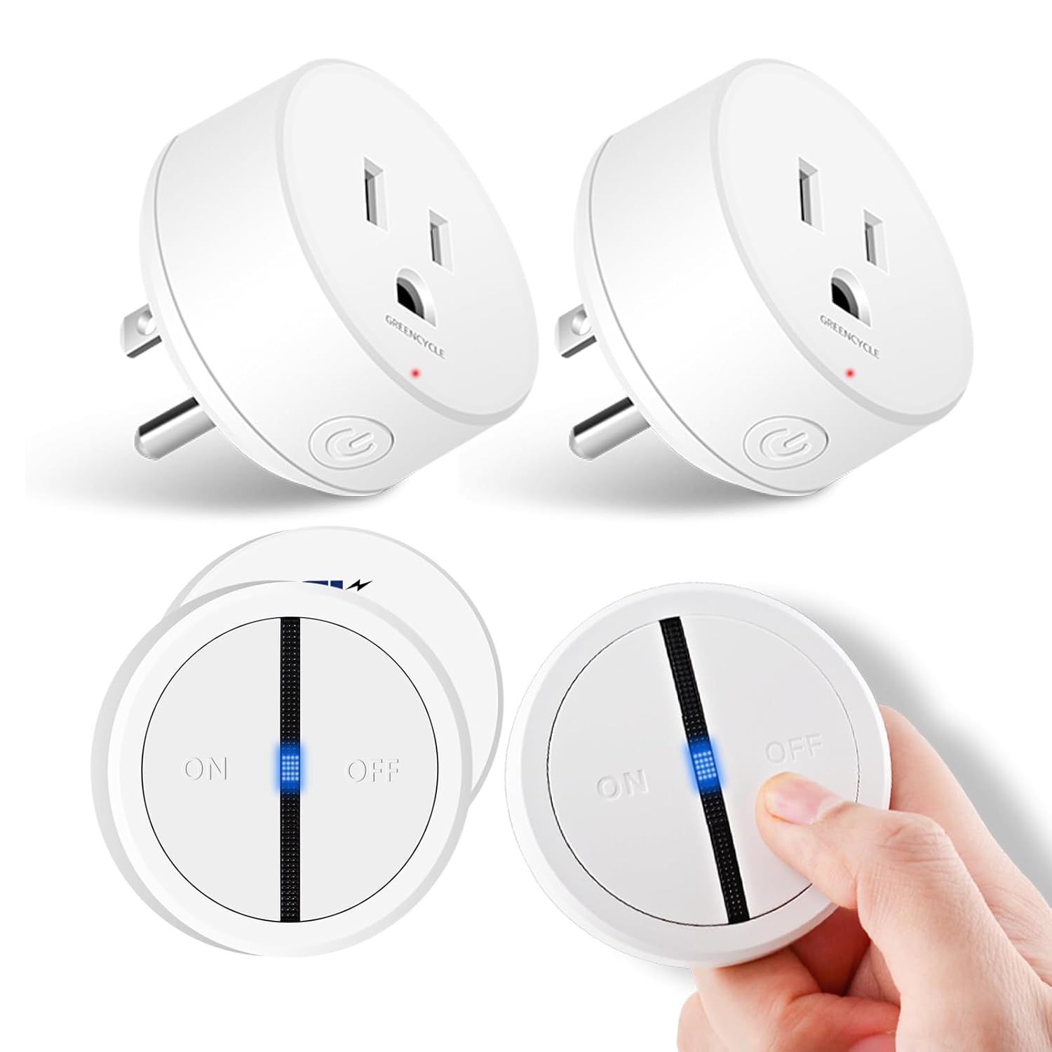 Greencycle Wireless Remote Control Outlet Plug with Switch,On Off Outlet Switch for Light,15A,Renmote Control for Indoor Lights,Lamps,Household,300ft Long Range,No Wiring,Appliances,White,2PK