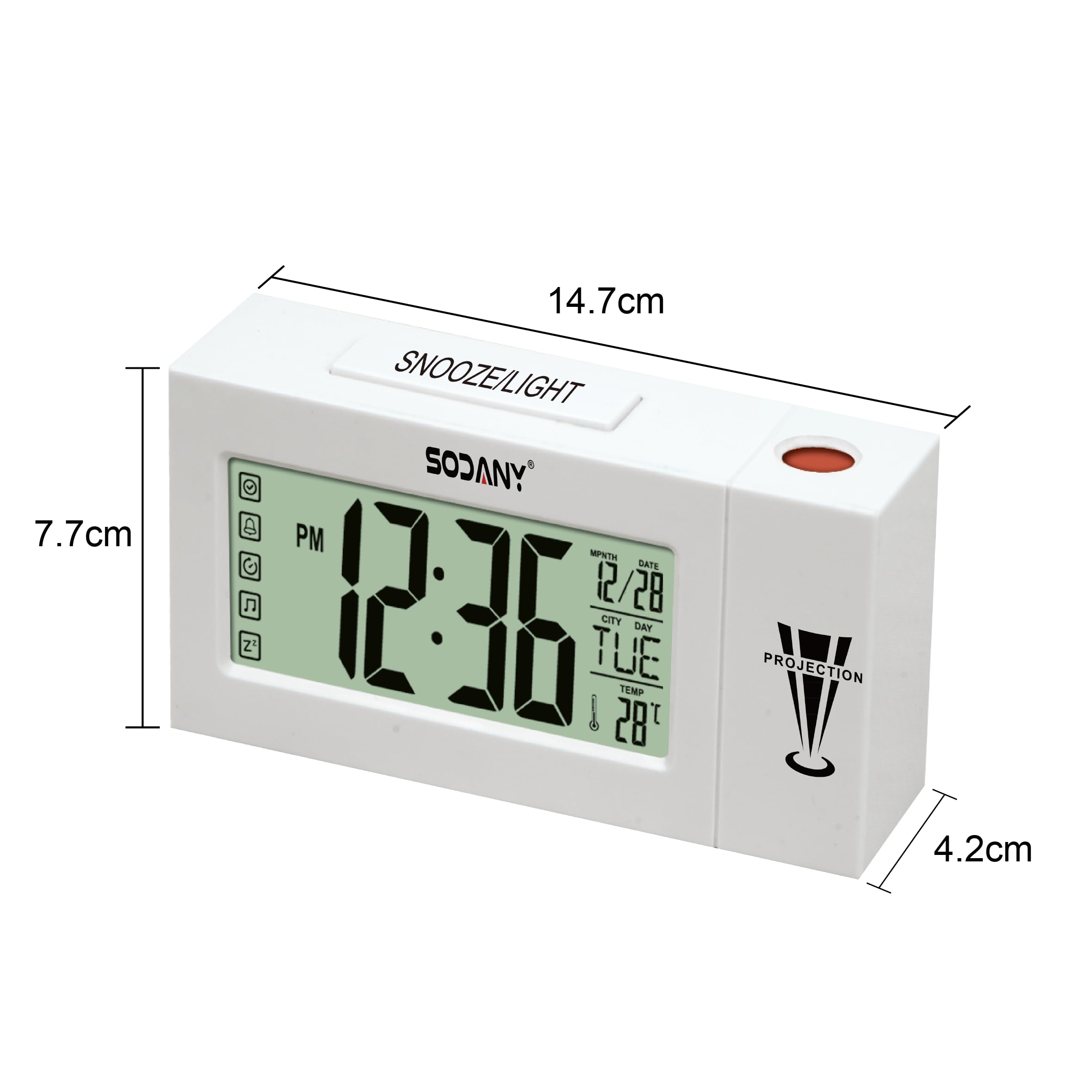 Despertador Proyector Techo Reloj Digital de Mesita Noche a Pilas con Pantalla LCD Grande, Luz de Fondo Activada por Tacto, Temperatura, Fecha y Alarma Snooze para Dormitorio Oficina (Blanco)
