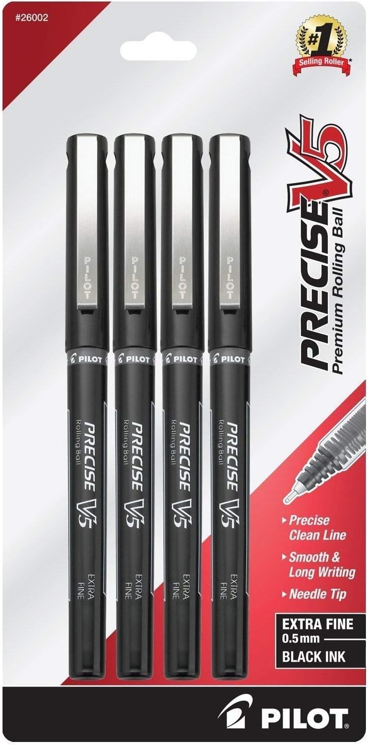 Precise V5, Capped Liquid Ink Rolling Ball Pens, Extra Fine Point 0.5 mm, Black, Pack of 4