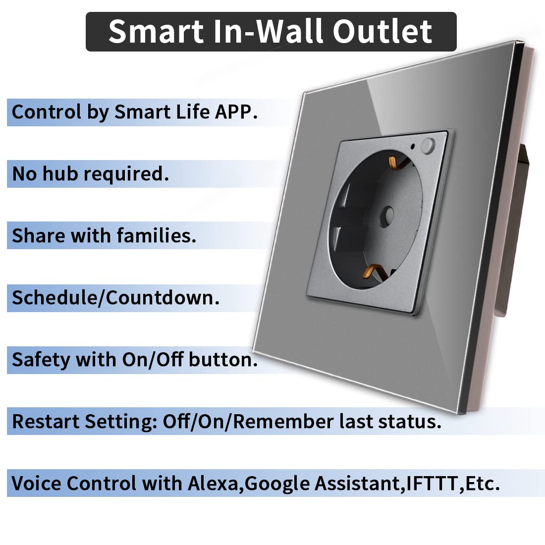 CNBINGO WLAN Schuko Socket Flush, 16 Amp en verre Smart Socket compatible avec Amazon Alexa (Echo, Echo Dot), Google Home, Contrôle de l'application, seulement 2,4 GHz WiFi, 1 voies, Gris, 2 pièce