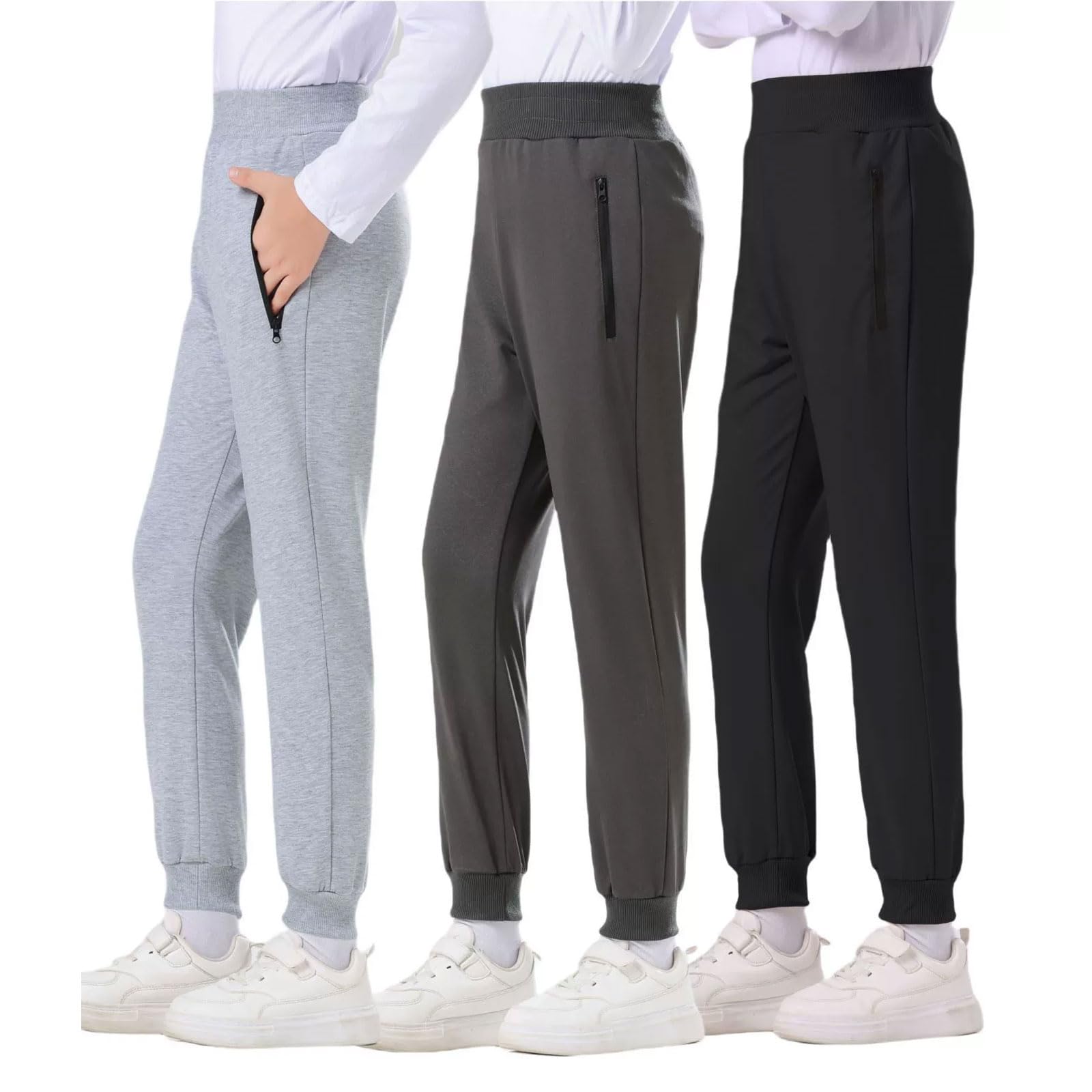 Djeanxa Boy's Athletic Joggers Pants Soft Pull On Baggy Sweatpants Kids Casual Loose Track Pants with Zip Pockets 6-14Y