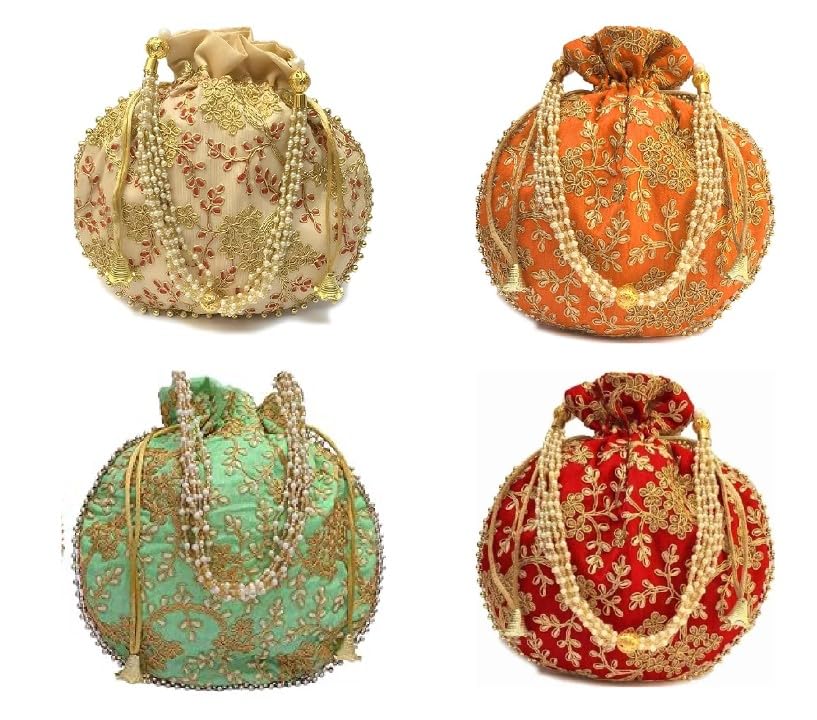 Kalakriti Pack of 4 Silk Gotta Patti Potli Bag Elegant Bridal | Party | Ethnic Designer Embroidery Work Batwa Indian Pearls Special Occasions | Traditional Purse With Intricate Handle for Womens