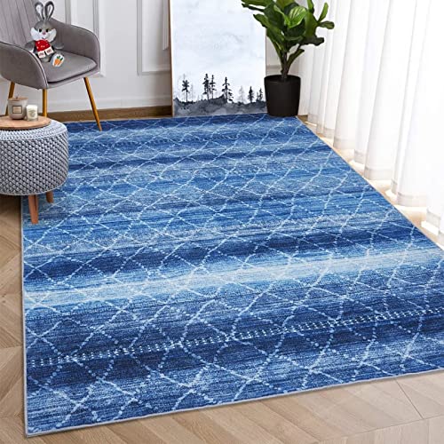 Cozyloom Geometric Rug, Modern Cross Lines Area Rug Abstract Distressed Floor Mat Indoor Vintage Thin Rug Chenille Non-Slip Carpet For Living Room Bedroom Dining Room Entry Blue 4 X 6 Ft #TOP1
