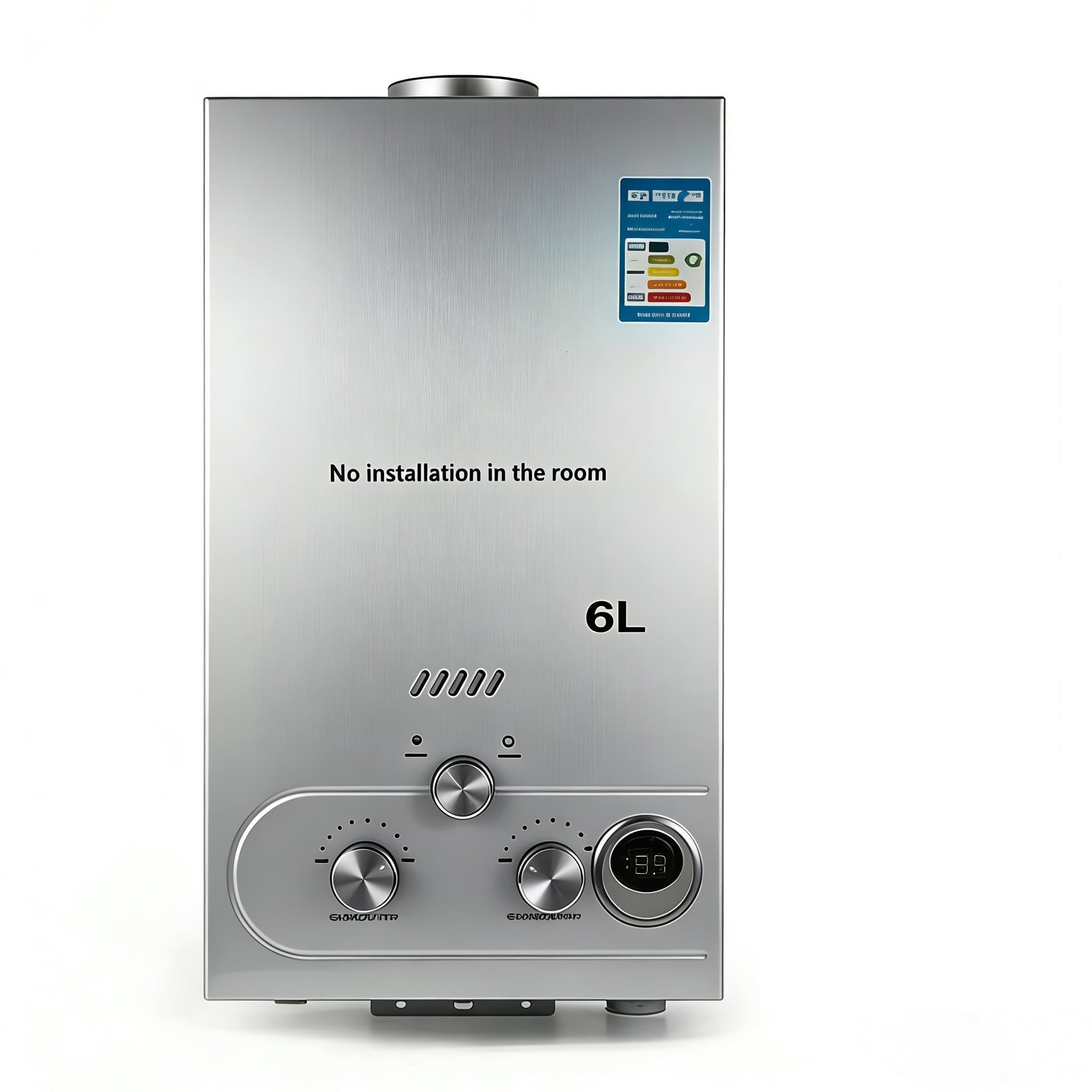 Chauffe-eau à gaz 6 l, chauffe-eau butane, 6 l/min, écran LED compatible avec butane et propane, chauffe-eau instantané pour usage domestique et camping (Gris 6L)