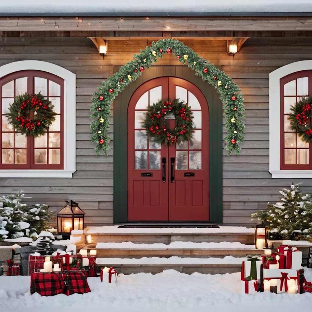 Weihnachtsgirlande mit Kugeln und LED-Leuchten 5 m aus PVC mit 75 LEDs, 450 Zweigen, 4 Lichteffekten, für Innen- und Außenbereich, festliche Tannenbaum Deko für Geländer und Kamin