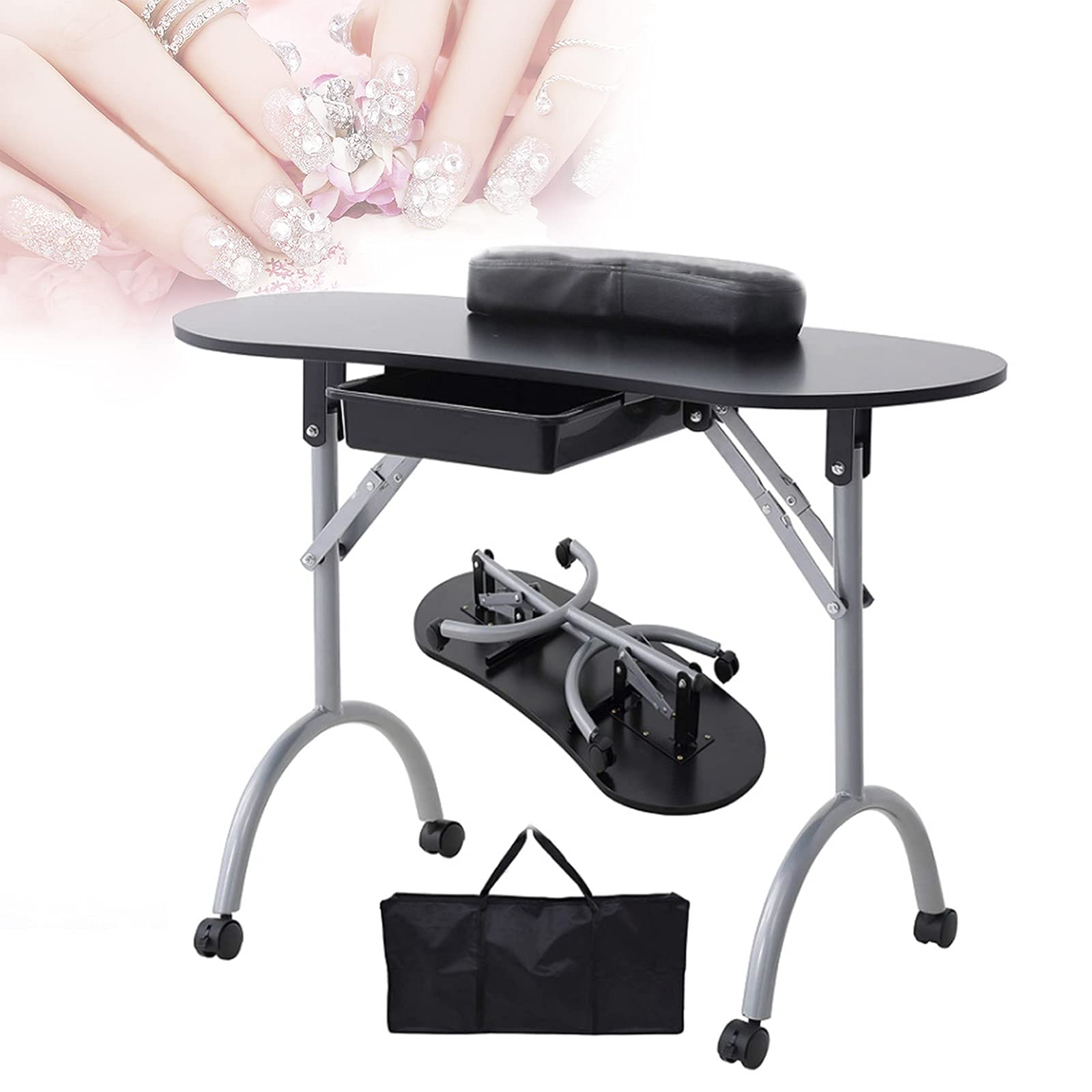 YHWD 36'' Portable Nail Table, Foldable Manicure Table Nail Desk with Rolling Wheels, Sponge Wrist Cushion, Large Storage Drawer for Professional Manicurists