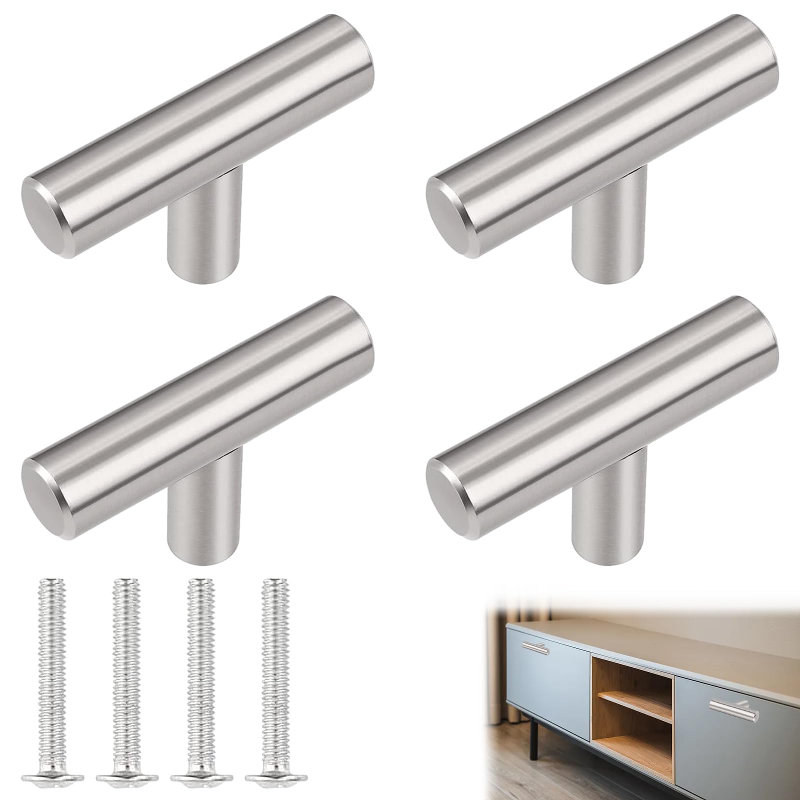 4 Pcs T Bar Door Handles, Stainless Steel Single Hole T Bar Handle Silver Cabinet Handles, Furniture Drawer Pulls for Kitchen Bedroom Furniture Dresser