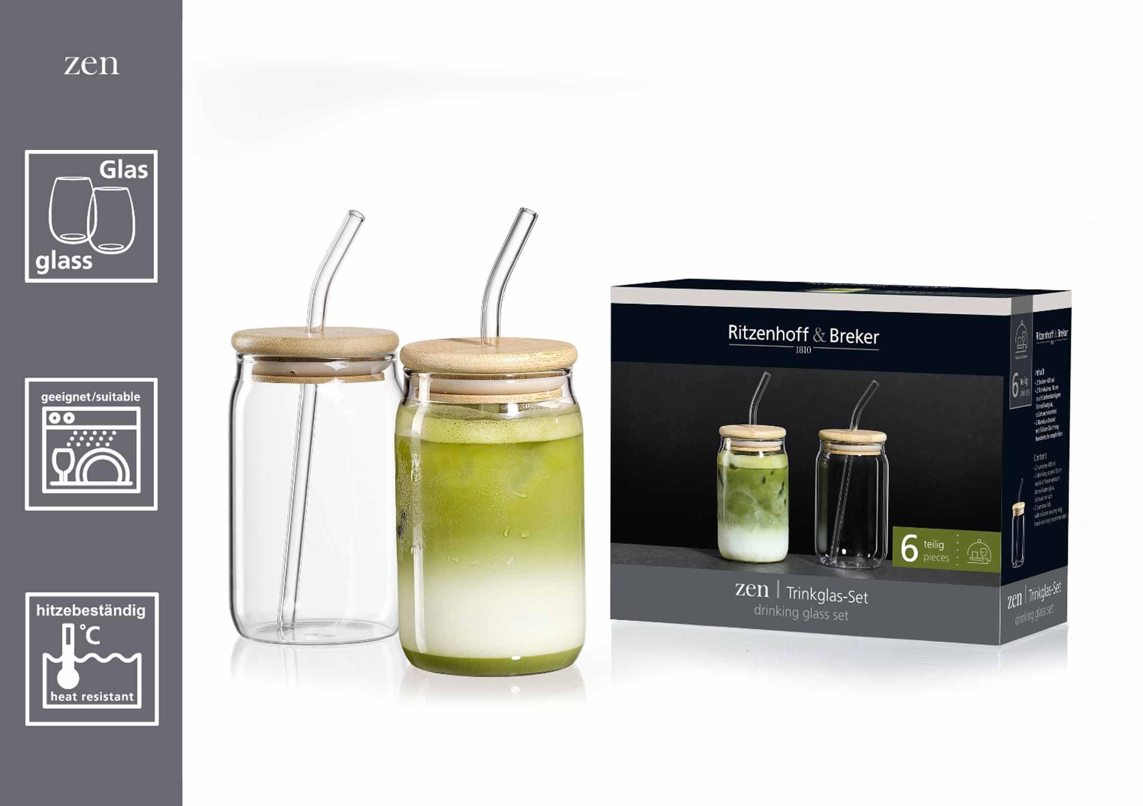 Ritzenhoff & Breker Zen Trinkgläser-Set 6-teilig, 400 ml, Klar | Robuste Gläser aus Borosilikatglas, Becher mit Trinkhalmen und Bambus-Deckeln, Spülmaschinenfest & Hitzebeständig