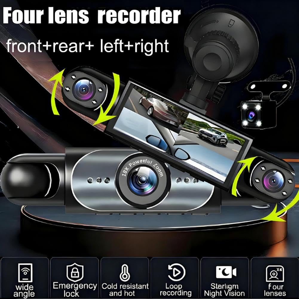4 Canales Dashcam para Coche 360°,Cámara de Video para Coche,3.16 Pulgadas Dash CAM 1080P con Visión Nocturna IR/Vídeo en Bucle,4K+1080P Camara Coche con WiFi & Tarjeta 32GB (128GB)