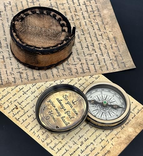 Brújula de bolsillo de latón grabada con estuche de cuero miniatura 6