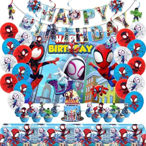 Cartoon spidey-themed birthday party supplies. These decorations include Happy Birthday banners tableware tablecloths balloons large and small skewers and party-themed decoration sets.