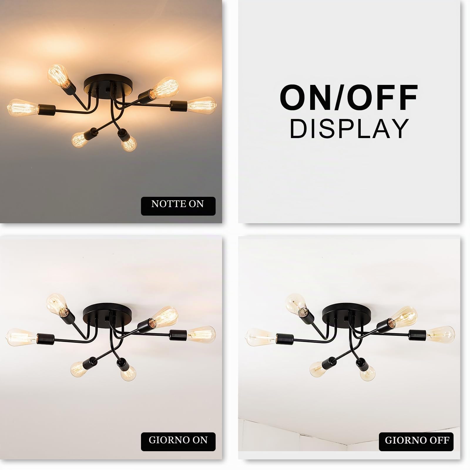 Industriale Semi Flush Mount soffitto 6 luci con metallo regolabile ramificato Vintage plafoniera E27 titolare nero laccato per cucina sala da pranzo camera da letto （nero） (lampadina non inclusa)