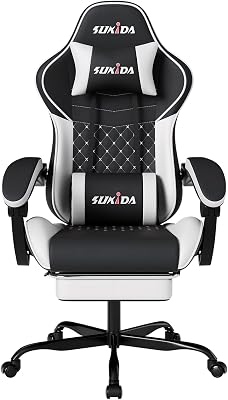 SUKIDA Gaming Chair, Ergonomic Computer Chairs with Footrest, Comfy Office Chair with Headrest, Massage Gaming Chair for Adult, Height Adjustable Pc Chair, 360° Swivel