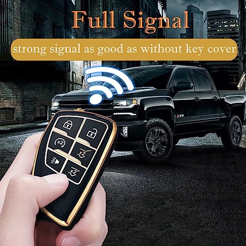 Image of Key Fob Cover for Chevy GMC with Keychain, Tahoe Suburban Equinox Traverse Yukon Denali Terrain Buick Envision Premium Soft TPU Case (6 Buttons Black)