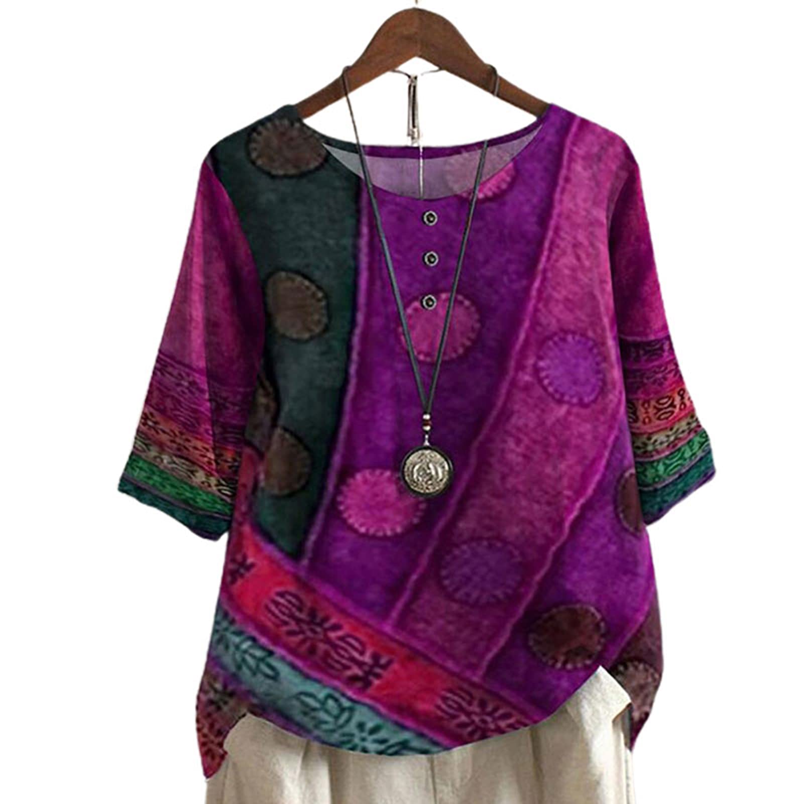 SHINROAD Blusa para mujer, camisa de primavera, cuello redondo, talla grande, mangas tres cuartos, suelta, longitud media, prenda de verano