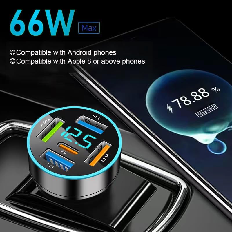 66W Car Charger Adapter 5 Port USB Car Charger PD 30W QC3.0 3.1A Car Cigarette Lighter USB Charger with LED Voltmeter Fast Car Charger Compatible with iPhone iPad Samsung - high-quality product