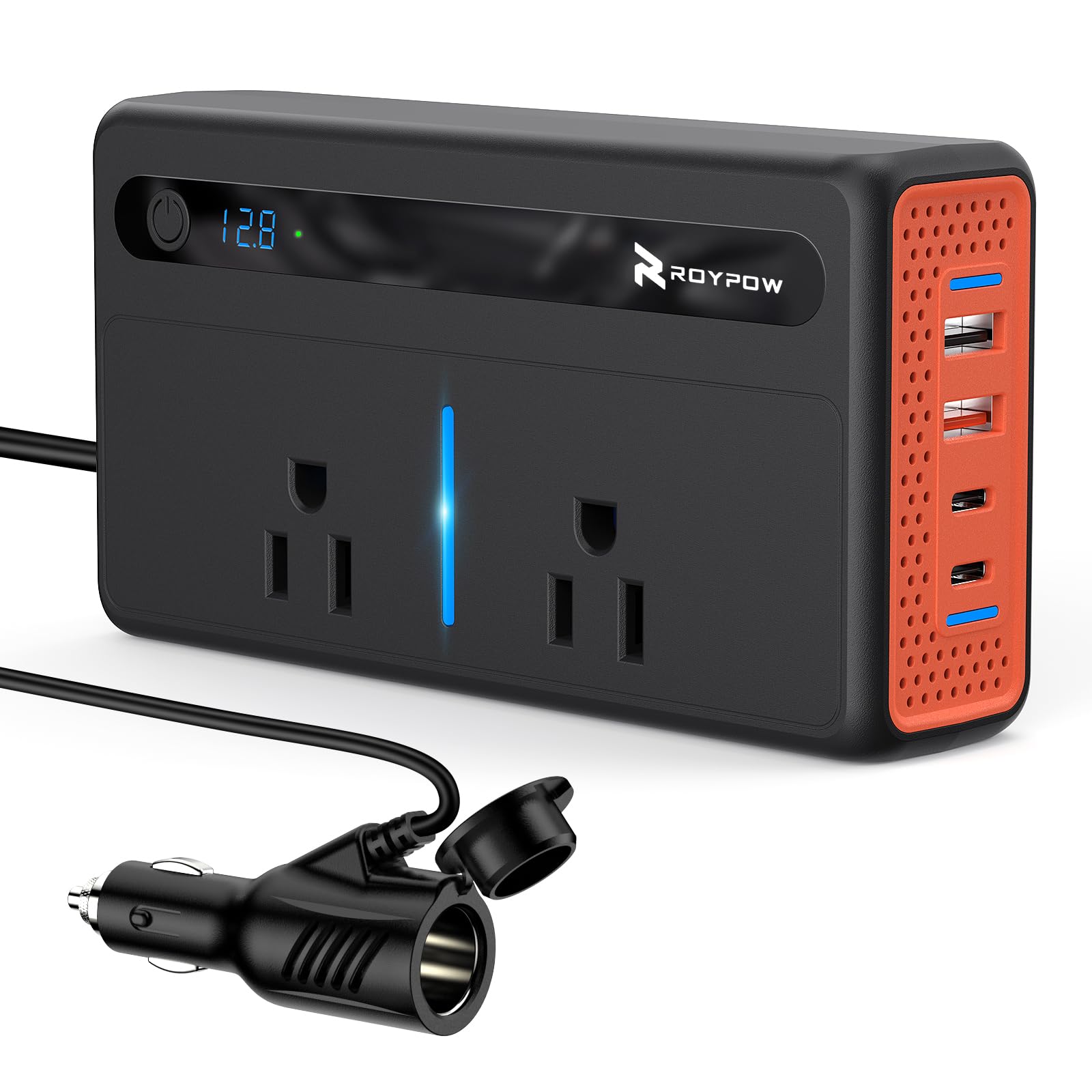 RoyPow 200W Car Power Inverter, DC 12V to 110V AC Power Inverter with Cigarette Lighter Port, Car Plug Adapter Outlet with 3.4A USB-A, QC3.0 24W, PD 30W, PD 36W, Dual AC Outlets, Car Charger Adapter