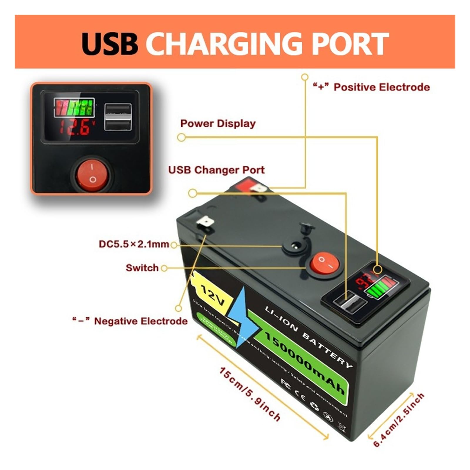 60AH Stessa batteria al litio ferro fosfato da 12 V di grande capacità Batteria di resistenza for accumulo di energia esterna da 150 Ah(1PC 80AHcharger)