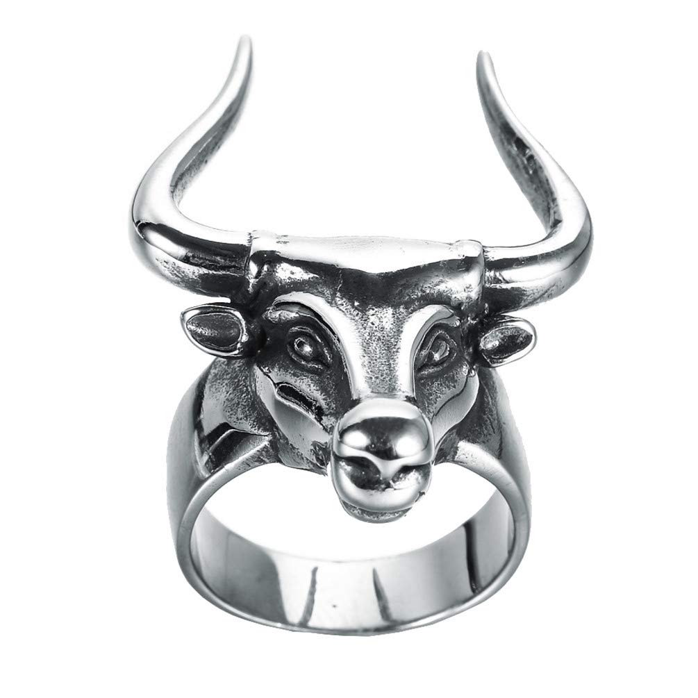 PAMTIER Men's Stainless Steel Vintage Silver Bullfighter Bull Head Ring