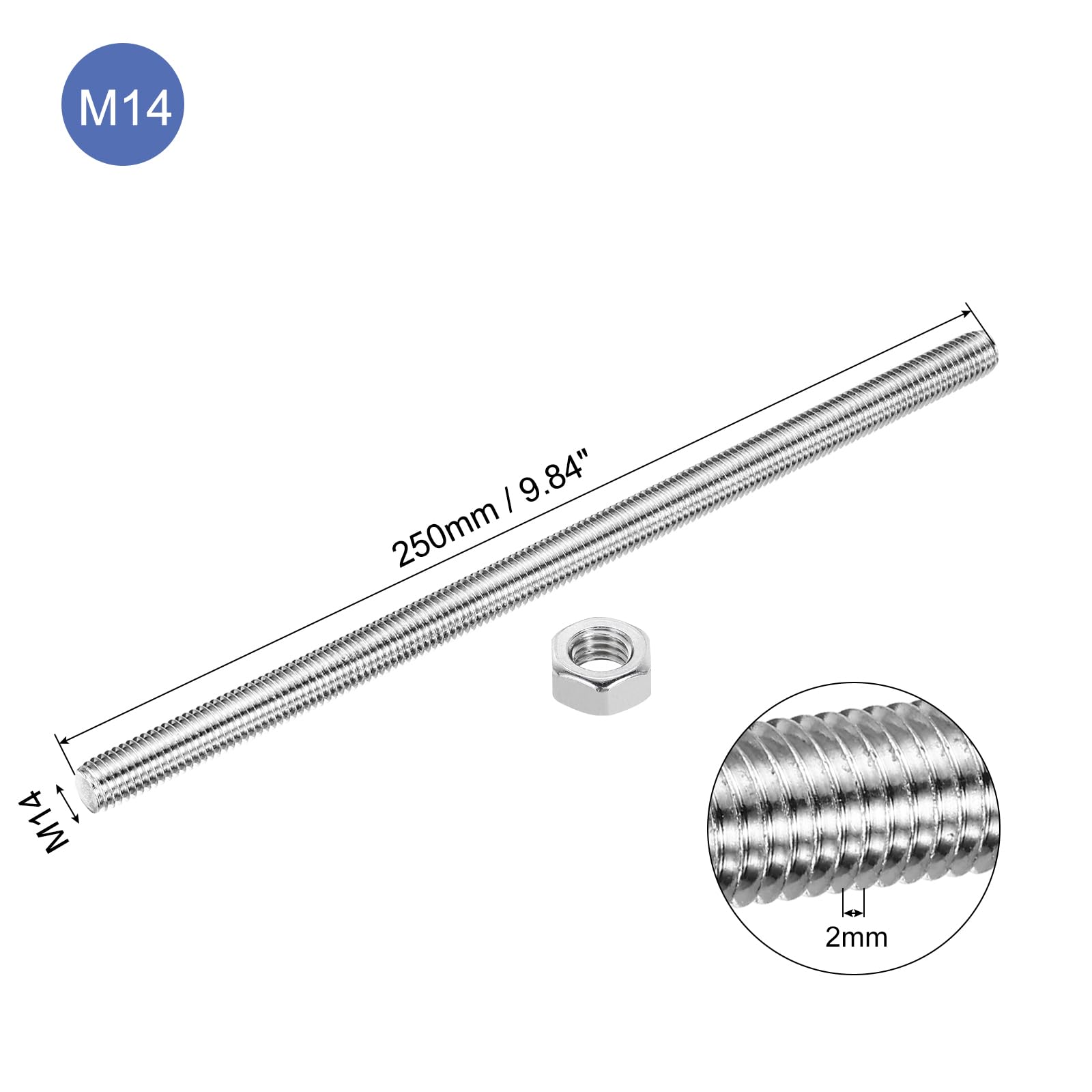 QUARKZMAN 2pcs Varilla Roscada M14 x 250mm, Perno Roscado a la Derecha Métrico Varillas Roscadas Completas de Acero Inoxidable con 4pcs Tuercas Hexagonales de 1.25mm Paso, Plateado