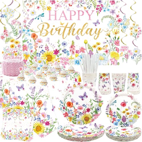 Decorazioni di Compleanno a Fiori di Campo - Set Forniture Floreali con Piatti, Tazze, Tovaglioli, Tovaglia, Sfondo e Decorazioni per Torte da Appendere