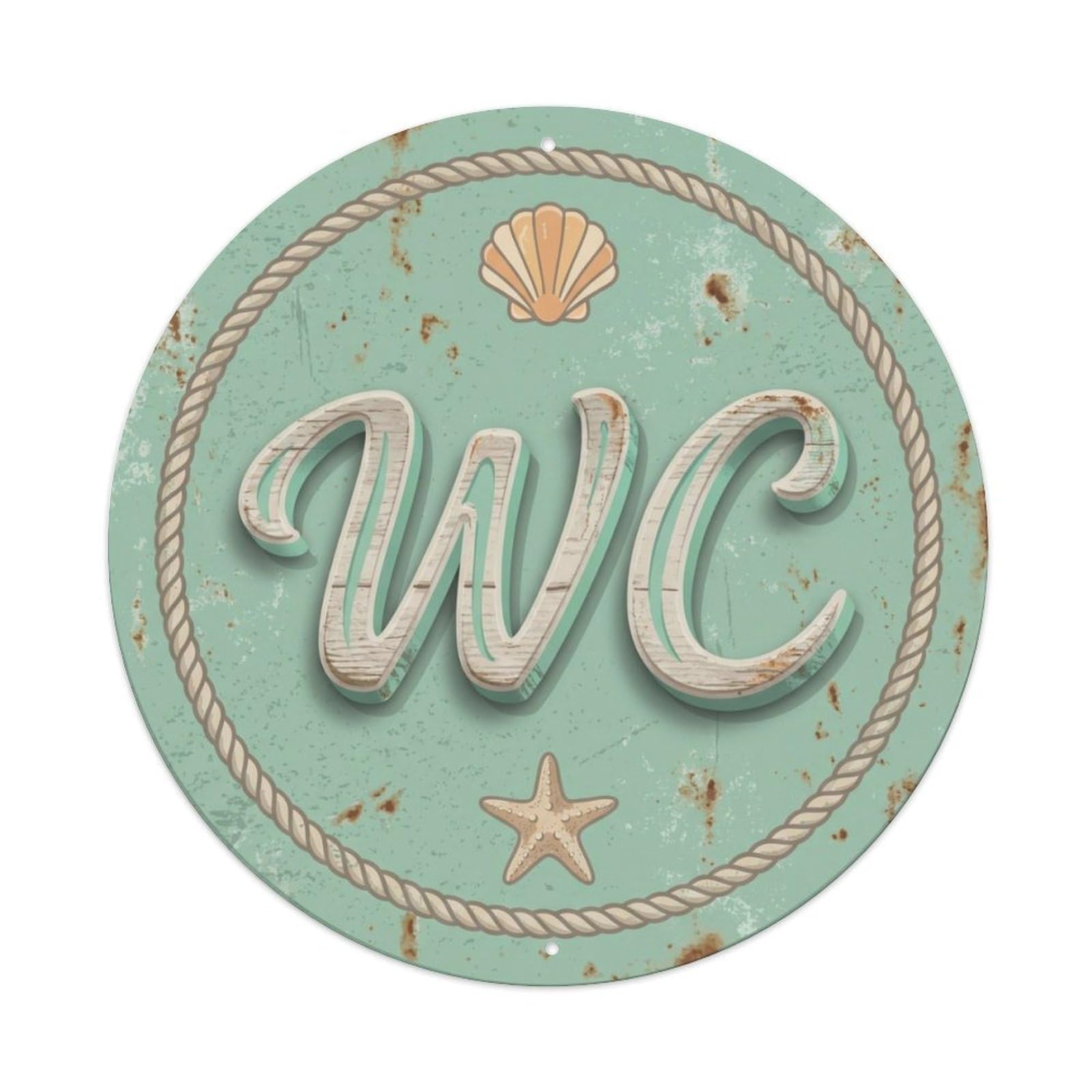 Toilet （WC） Seafoam Green Coastal Emblem Metal Tin Sign Plaque Wall Decor for Cafe, Club Bar, Office, Home Garden Round Metal Poster 8x8Inch