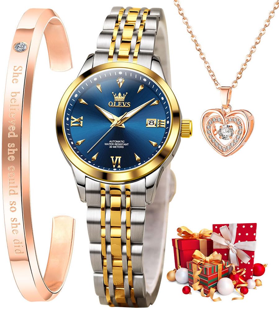 Automatic Women's Watches Skeleton Starry Sky Ladies Watch Silver Rose Gold Mechanical Luxury Business Dress Diamond Luminous Waterproof Wrist Watches Watches, L9956：Gold and Silver Strap ＆ Blue