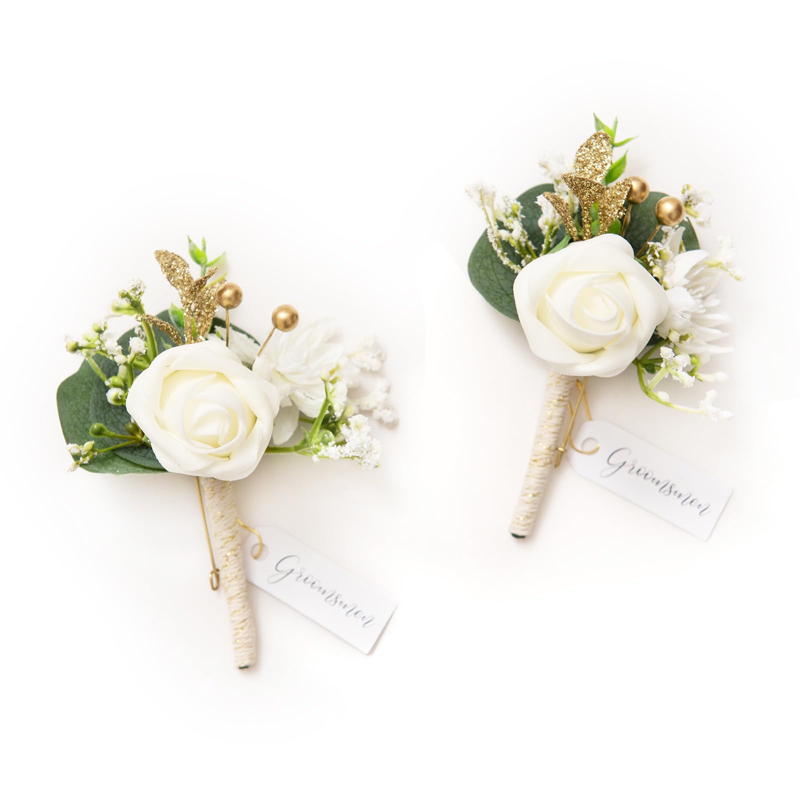 Ling's moment Boutonniere for Men, 2pcs Groom Groomsmen Guest Boutonniere, Artificial Flowers for Wedding/Prom/Homecoming, etc.White Baby Breath Ivory