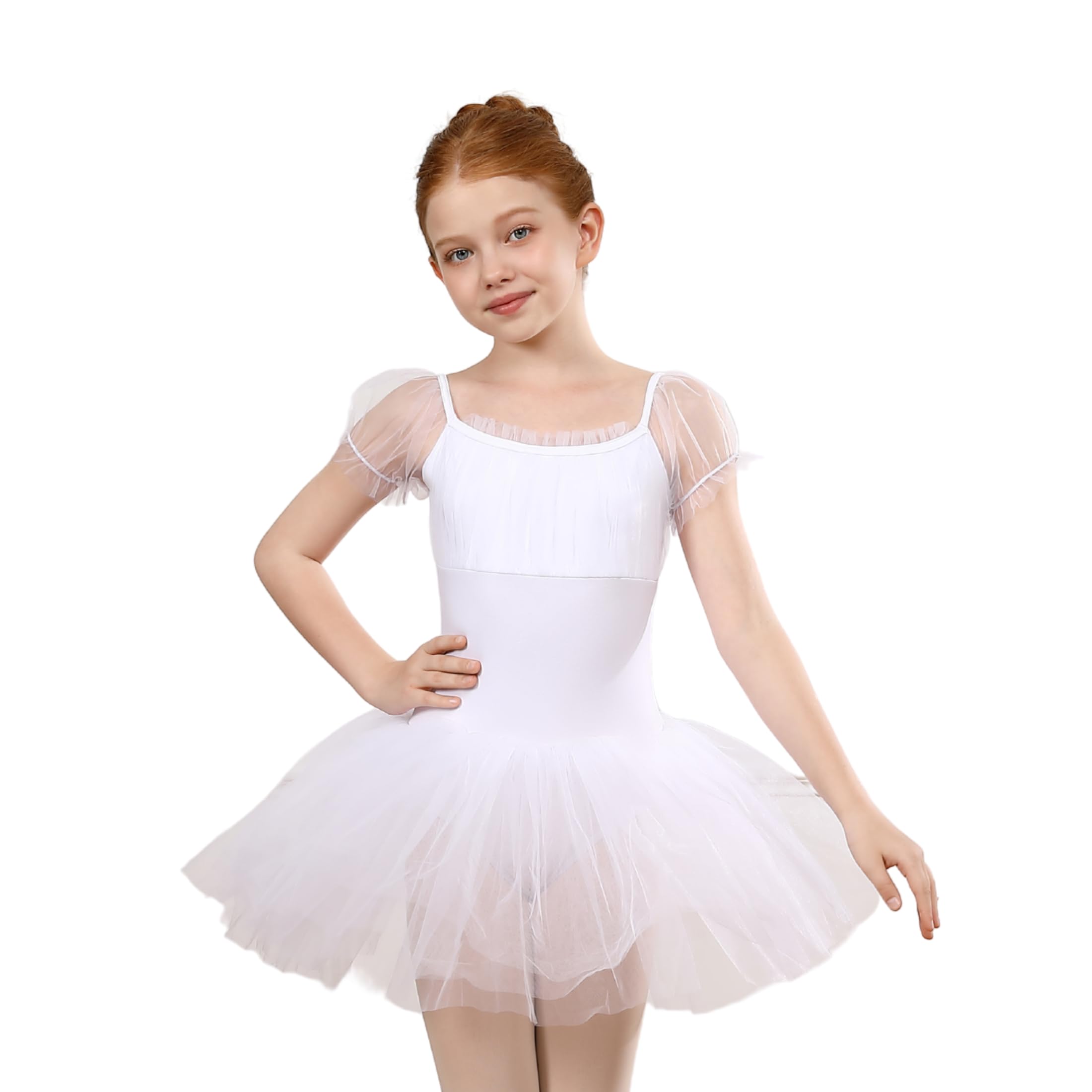 Tutu de Danse Classique pour Filles en Manches Ballon Tulle - Robe de Ballet Justaucorps
