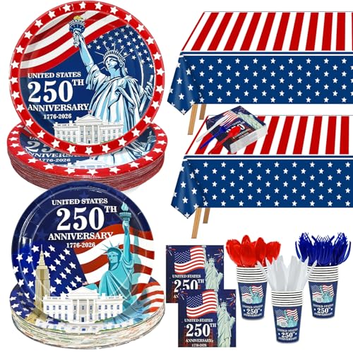 212 Pcs USA 250th Anniversary 4th of July Decoration American Flag Patriotic Party Supplies - Serve 30 - 60 Plates 30 Napkins 30 Cups 2 Tablecloth 90 Knives Forks Spoons for Independence Memorial Day
