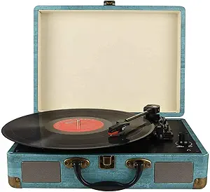 Vinyl Record Player 3 Speed Wireless Turntable with Built-in Speakers and USB Belt-Driven Vintage Phonograph Portable Blue...