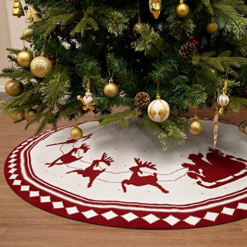 WBHome Christmas Tree Skirt, 48 inch Double-Layer Cable Knit Knitted Thick Rustic Holiday Decoration, Christmas Sledge Pattern - Thumbnail 3